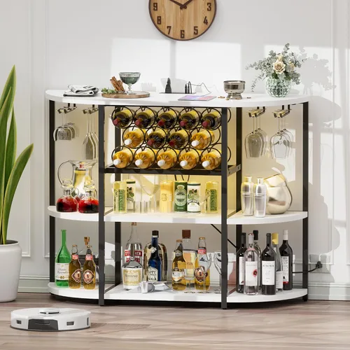 Miniatura 7 de Furmax Armario de bar de vino para barra de licor, armario de mesa con luces y tomacorriente, almacenamiento de 4 niveles, estantes de vino Blanco