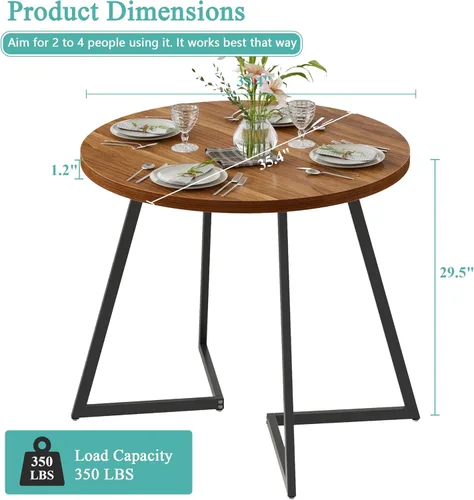 Miniatura 6 de VECELO Mesa de comedor redonda de 35 pulgadas para 4, tapa de mesa de grano de madera y marco de acero resistente, para cocina, sala de estar, fácil