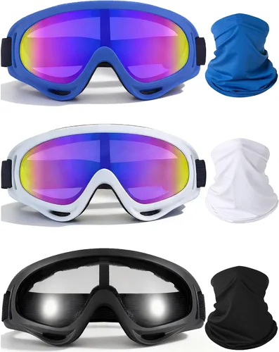 Miniatura 8 de 3 pares de gafas de motocicleta con protección UV, gafas de esquí con 3 piezas de cubrecuellos, para montar, a prueba de polvo y viento