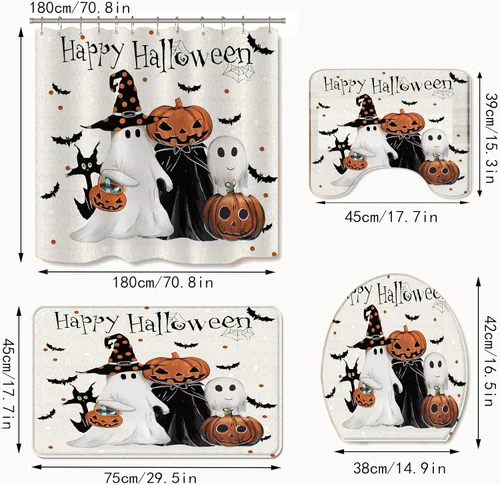 Miniatura 2 de Juego de 4 cortinas de ducha de Halloween, espeluznante cortina de ducha de calabaza fantasma para decoración de baño de Halloween
