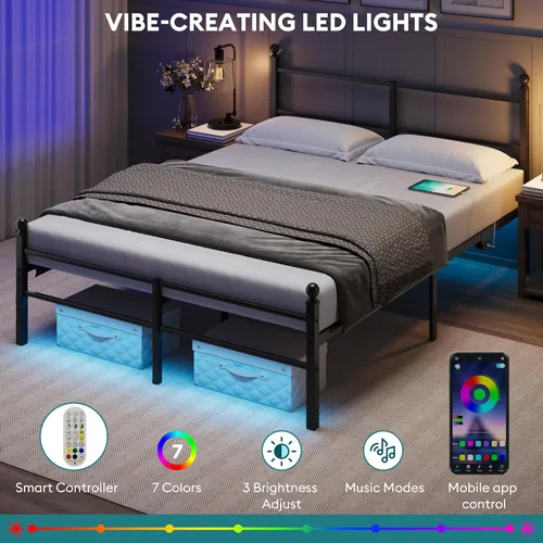 Miniatura 3 de Base de cama tamaño Queen con cabecero, plataforma de metal con luces LED, estación de carga, almacenamiento debajo de la cama y soporte de listones