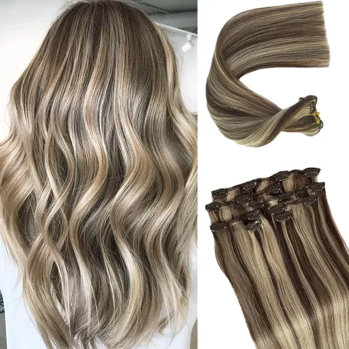 Miniatura 12 de Extensiones de cabello humano real con clip, color blanco hielo, extensiones de cabello humano Remy con clip, 18 pulgadas, 7 piezas, 2.47 oz