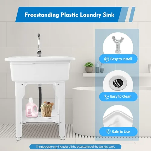 Miniatura 5 de Fregadero de lavandería de plástico independiente blanco con tabla de lavadero, fregadero de utilidad para interiores y exteriores con grifo de agua