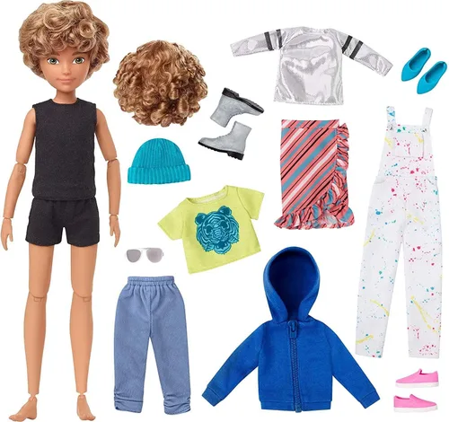 Miniatura 3 de Creatable World Deluxe DC-220 - Kit de personajes personalizable con cabello rubio rizado, 6 piezas de ropa de muñeca, 3 pares de zapatos y 2