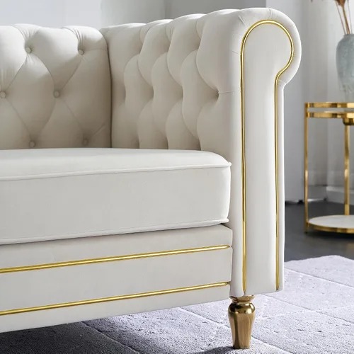 Miniatura 6 de Sofá Chesterfield de terciopelo de 84 pulgadas, sofá moderno de 3 plazas de mediados de siglo con brazos enrollados, marco de madera maciza y patas