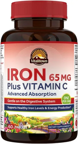 Vitalitown Suplemento de hierro para mujeres y hombres, hierro de alta potencia de 65 mg con vitamina C de 250 mg, menos estreñimiento, mejor para