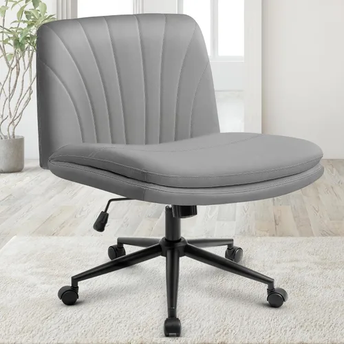 Miniatura 9 de Orange Factory Silla Criss Cross con Ruedas Silla de Escritorio de Tocador Ancha y Cómoda Base Dual de Cuero sin Brazos Ajustable Giratoria