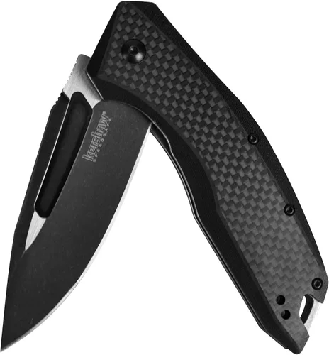 Kershaw Flourish Cuchillo de Bolsillo multipropósito con punta recortada y mango de fibra de carbono, color negro