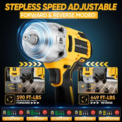 Miniatura 4 de Llave de impacto inalámbrica bellaDimora compatible con batería Dewalt de 20 V Brushless Motor, Auto-Stop Reverse, LED Light, 32-Piece Kit, Tire