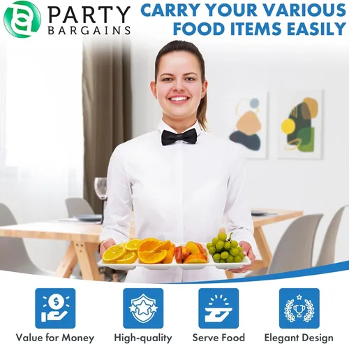 Miniatura 6 de Party Bargains Bandeja rectangular seccional desechable blanca (paquete de 4) de 5 x 16 pulgadas. Bandeja de plástico con 4 compartimentos