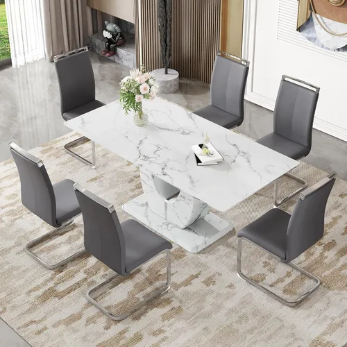 Miniatura 27 de Juego de 6 sillas de mesa de comedor para 6, juego de 6, moderno juego de comedor con mesa de comedor de mármol de 63 pulgadas, sillas tapizadas