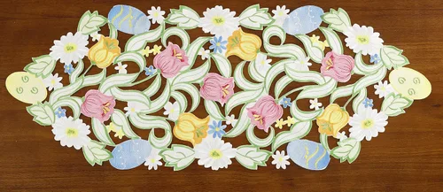 Miniatura 6 de Camino de mesa de Pascua, primavera, conejos, huevos, camino de mesa floral, bordado floral y conejos, huevos, bufanda, decoración de mesa