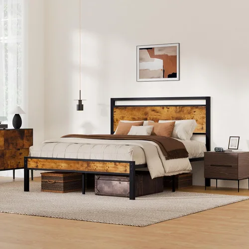 Miniatura 3 de Z-hom Cama de plataforma de metal resistente de fácil montaje, marco de cama tamaño Queen con cabecero y estribo, soporte antideslizante y Marrón