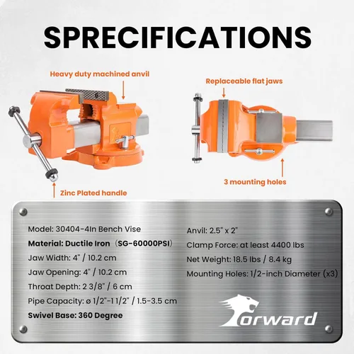 Miniatura 7 de Forward Prensa de banco de hierro dúctil de 4 pulgadas con base giratoria de 360 grados y barra guía de acero de canal 30404 (4 pulgadas)