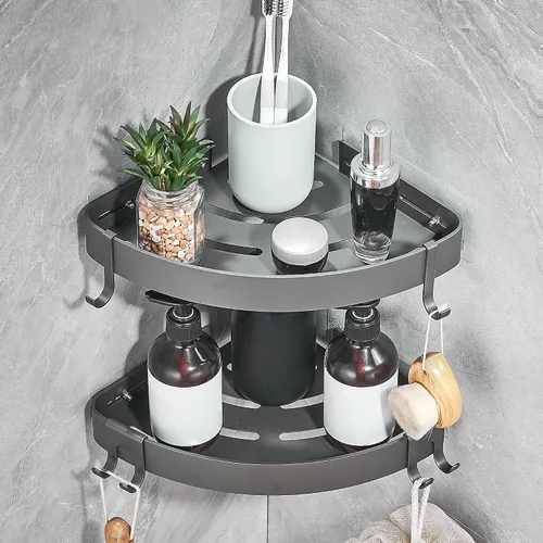 Miniatura 9 de DUFU Organizador de ducha adhesivo de esquina con ganchos, organizador de ducha de baño, no perforación, estante de ducha de aluminio a prueba
