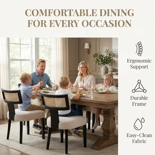 Miniatura 3 de HNY Juego de 2 sillas de comedor de ratán modernas de mediados de siglo, silla decorativa tapizada de lino de granja, sillas de cocina con respaldo