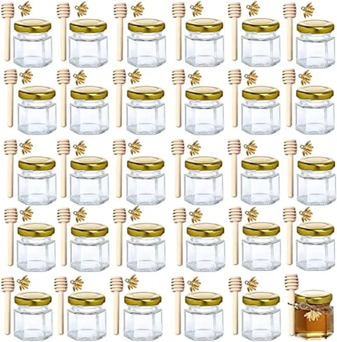 XING-RUIYANG Mini tarros hexagonales de miel de 1.5 onzas, paquete de 30 tarros de miel con tapa dorada, colgantes de abeja, yutes, perfectos para