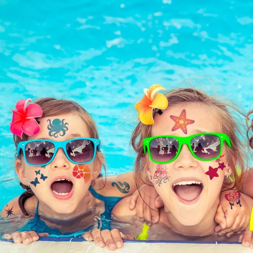 Miniatura 5 de CHARLENT Tatuajes temporales con purpurina para decoración de fiesta Aloha – 74 hojas individuales con purpurina de tatuajes de verano para niños