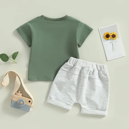 Miniatura 98 de Conjunto de traje de verano para bebé niño pequeño, manga corta, cuello redondo, letras impresas, lindo traje de verano, conjunto de 2 piezas