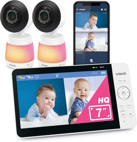 VTech Smart WiFi Baby Monitor, 2 cámaras para gemelos y dos habitaciones – Pantalla dividida de 7 pulgadas, sensor 2K, visión gran angular,