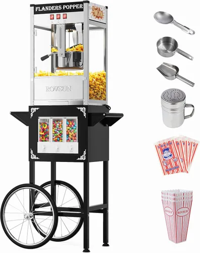 Miniatura 19 de Máquina de palomitas de maíz ROVSUN con carrito, ruedas y hervidor de 8 oz, hace hasta 32 tazas, certificada ETL, máquina de palomitas de maíz
