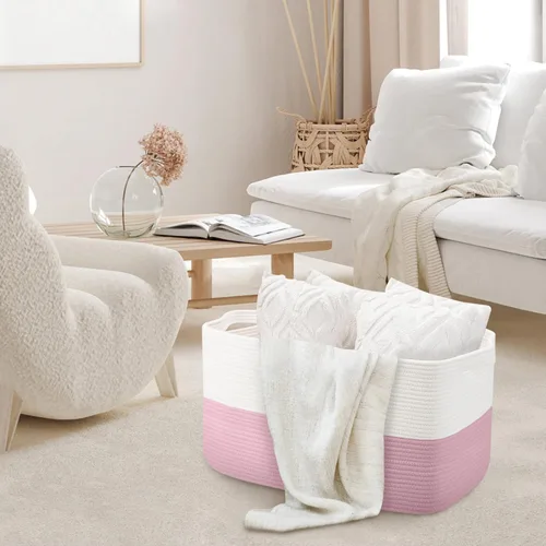 Miniatura 3 de MEGASKET Cesta de almacenamiento grande de color rosa, 22 x 17 x 12 pulgadas, contenedor rectangular de cuerda de algodón para organizar, Blanco