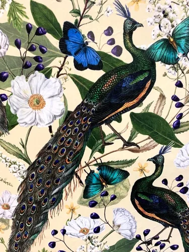 The Meter - Tela de terciopelo de pavo real, color crema, material de costura floral de lujo, por yarda, estampado de pájaros, patrón de flores