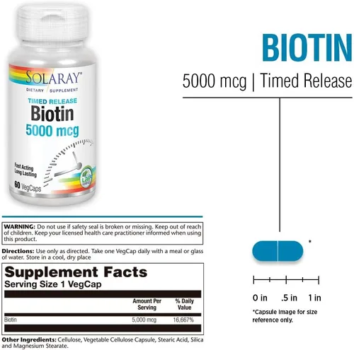 Miniatura 2 de Solaray Biotina de liberación temporal de 5000 mcg – Biotina pura 5000mcg para cabello, piel y uñas, vitamina capilar para mujeres y hombres, 7