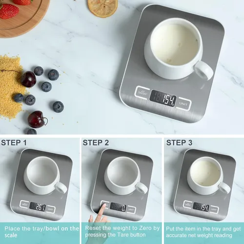 Miniatura 5 de Báscula digital de cocina, báscula de alimentos para hornear carne, unidad de gramo onzas libras hasta 11 libras (0.04 oz-11.0 lbs), acero Blanco