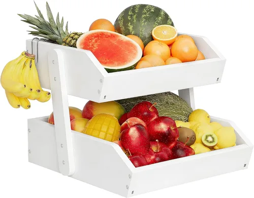 Miniatura 14 de Cesta de frutas de bambú de 2 niveles para encimera de cocina, encimera de almacenamiento de frutas de gran capacidad, soporte para frutas
