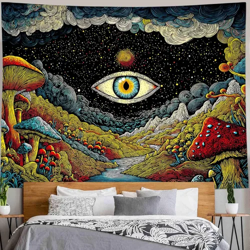 Miniatura 6 de Yeoiat Tapiz de flores cósmicas, tapiz de hongo, paisaje en pared, noche estrellada, arte botánico visionario, decoración para recámara