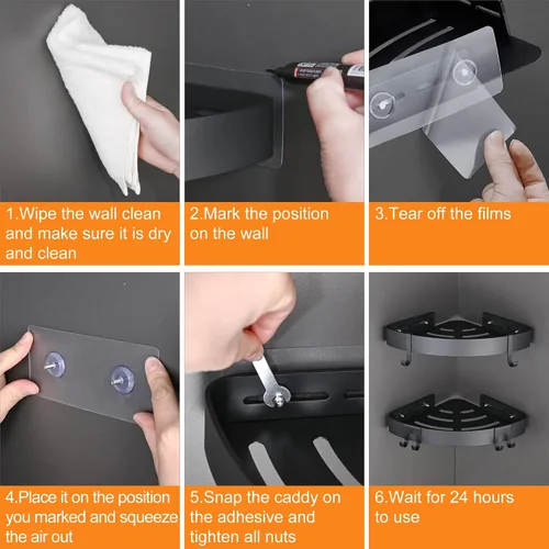 Miniatura 6 de DUFU Organizador de ducha adhesivo de esquina con ganchos, organizador de ducha de baño, no perforación, estante de ducha de aluminio a prueba