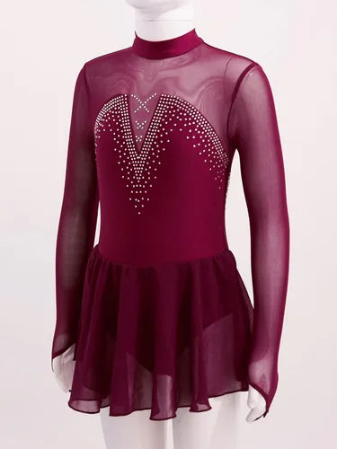Miniatura 3 de Vestido de patinaje sobre hielo artístico para niñas y niñas, manga larga, con diamantes de imitación brillantes, malla empalme, leotardo
