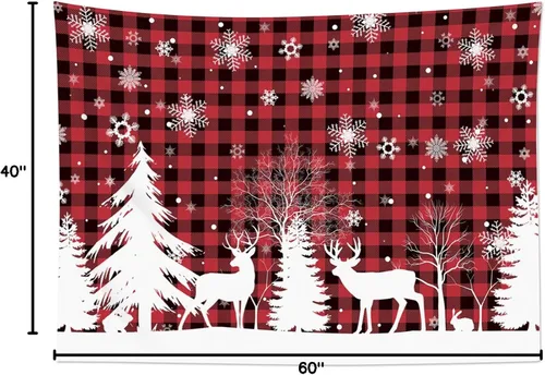 Miniatura 6 de HVEST Tapiz de nieve de invierno para colgar en la pared, diseño de ciervo y conejo blanco sobre fondo a cuadros rojos y negros, tapiz de copo