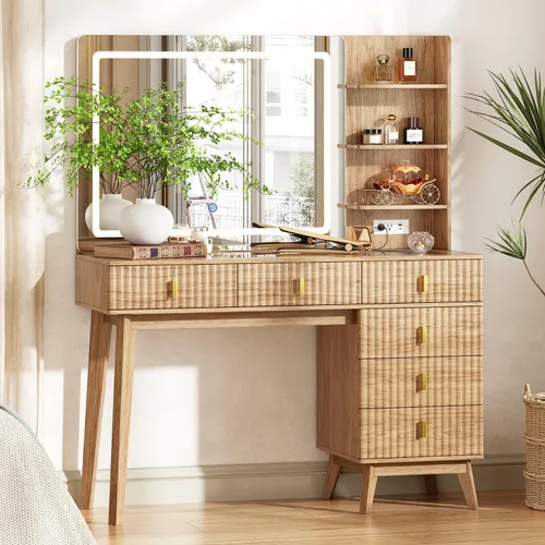 Miniatura 11 de Ieejdn Escritorio Grande de Tocador con Espejo y Luces, Escritorio de Tocador con 6 Cajones y Estantes de Almacenamiento, Mesa de Tocador con Toma