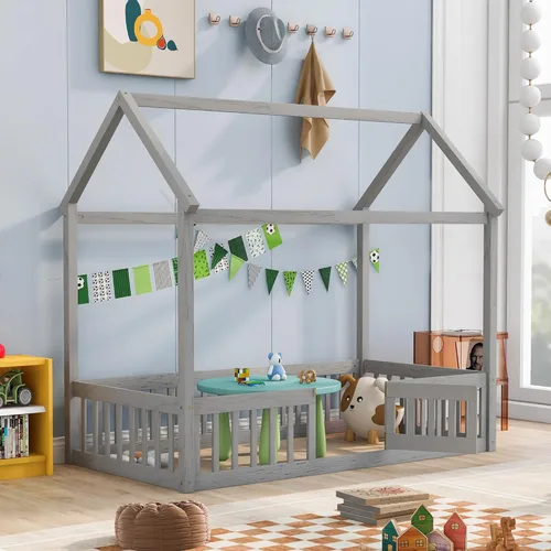 Miniatura 3 de Cama de casa individual para niños con barandillas de valla, marco de cama Montessori de madera tamaño individual con puerta pequeña para niños