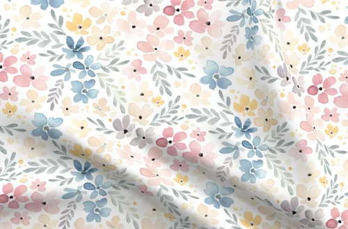 Spoonflower Tela - Flores florales caprichosas de acuarela naturaleza botánica rosa azul pastel impreso en tela de gasa Fat Quarter - Costura de