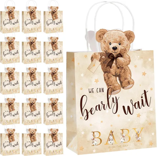 Miniatura 9 de Tinlade - 16 bolsas de regalo de oso para baby shower, We Can Bearly Wait, bolsas de regalos con asas, para baby shower, regalos para recién Azul