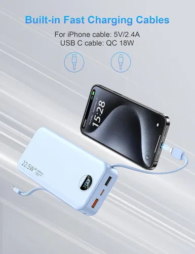 Miniatura 5 de Ffnpua Cargador portátil con enchufe de pared, batería externa de 20000 mAh con USB C de carga rápida, paquete de batería externa con cables
