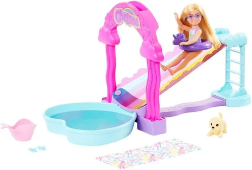 Barbie HTK39 Juego de tobogán acuático arcoíris con muñeca Chelsea y cachorro, altura 7.9 in, accesorios incluidos, juguete para niños, a partir de