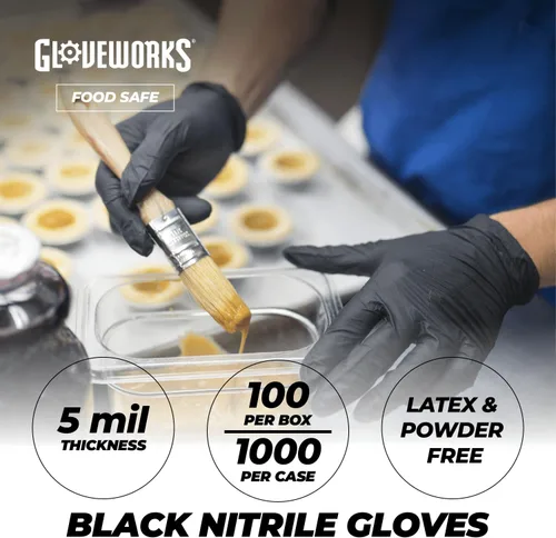 Miniatura 2 de GLOVEWORKS Guantes negros de nitrilo desechables de 5 mil, sin látex, agarre texturizado para servicio de alimentos, cocina, limpieza profesional