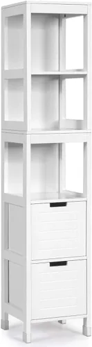 Miniatura 9 de GLACER Armario alto de baño, armario de almacenamiento de piso de madera con tres estantes abiertos y dos cajones, equipado con accesorios
