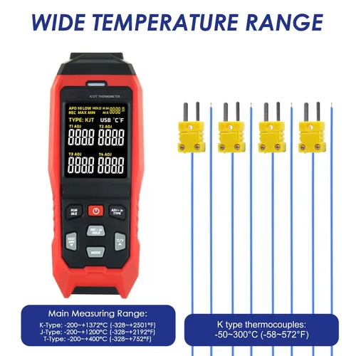 Miniatura 6 de Termómetro de termopar registrador de datos de temperatura, termómetro tipo K/J/T de 4 canales con 5000 grupos de registro de datos y exportación