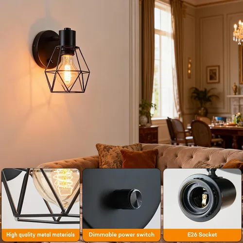 Miniatura 6 de Lightess Aplique de pared negro con interruptor de atenuación y apagado, lámpara de pared vintage con cabezal ajustable, lámpara de pared industrial