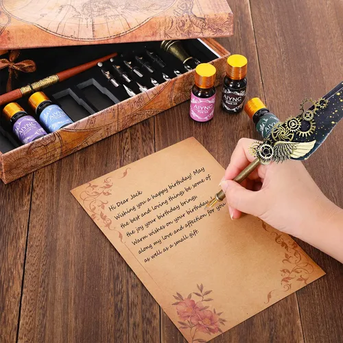 Miniatura 6 de Pluma de Caña, Juego de Pluma de Caña con Tinta Incluyendo Pluma Mecánica y Pluma de Inmersión de Madera, 5 Colores de Tinta, 12 Plumillas de Negro