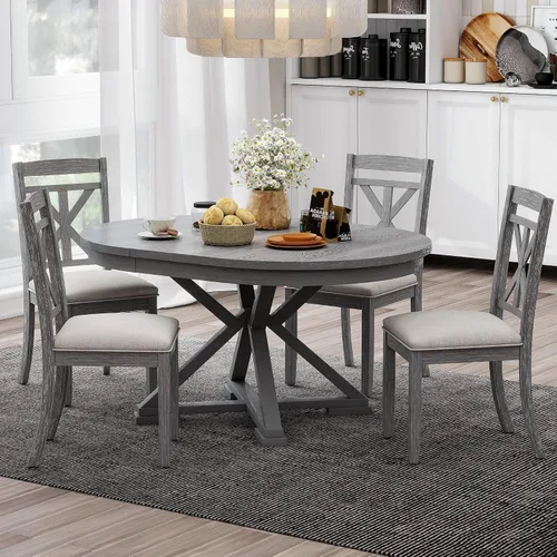 Miniatura 11 de Harper & Bright Designs Juego de mesa de comedor de madera de 5 piezas, mesa de comedor redonda extensible con 4 sillas de comedor, juego de cocina