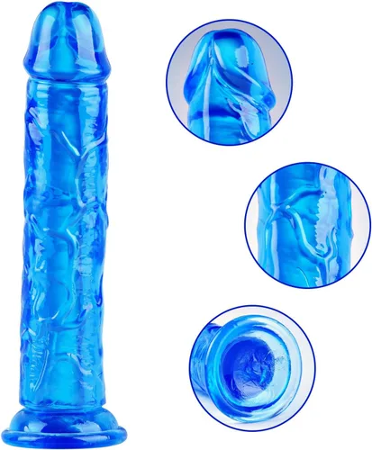 Miniatura 4 de Consolador pequeño realista de 7 pulgadas, juguete sexual realista de TPE azul, para principiantes, pene delgado sin bola con fuerte ventosa, bonito