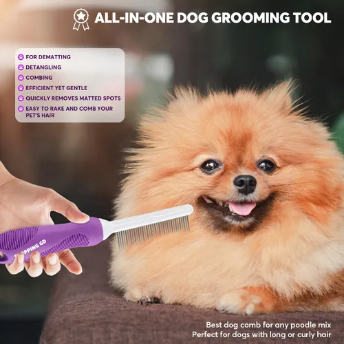 Miniatura 6 de Peine desenredante para mascotas para perros y gatos con dientes metálicos largos y cortos de acero inoxidable para eliminar enredos y nudos.