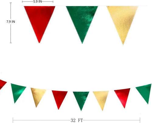 Miniatura 2 de pinkblume Banderines de triángulo para decoración de fiesta de Navidad, banderines de pendón en rojo, verde y oro, banderines de tela metálica