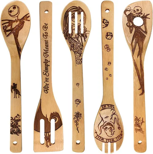 Cucharas de Madera Jack Skellington para Juego de Utensilios de Cocina - Espátulas Quemadas con Patrón Mágico Juego de Utensilios de Cocina para